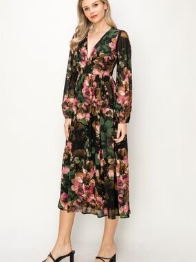 V-Neck Floral Midi Dress in Black, Green & Pink NWOT